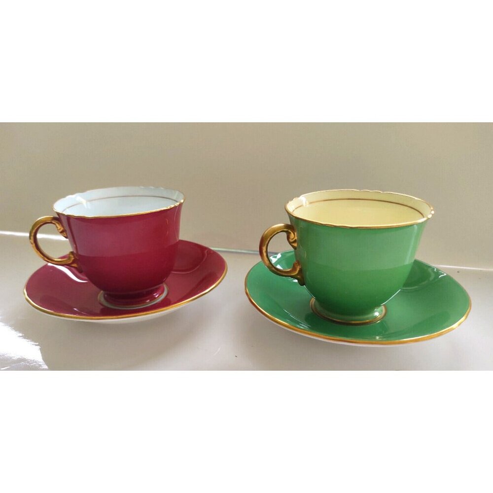 Vintage Minton Bone China Demitasse Cups & Saucers Sets One Green/One Maroon